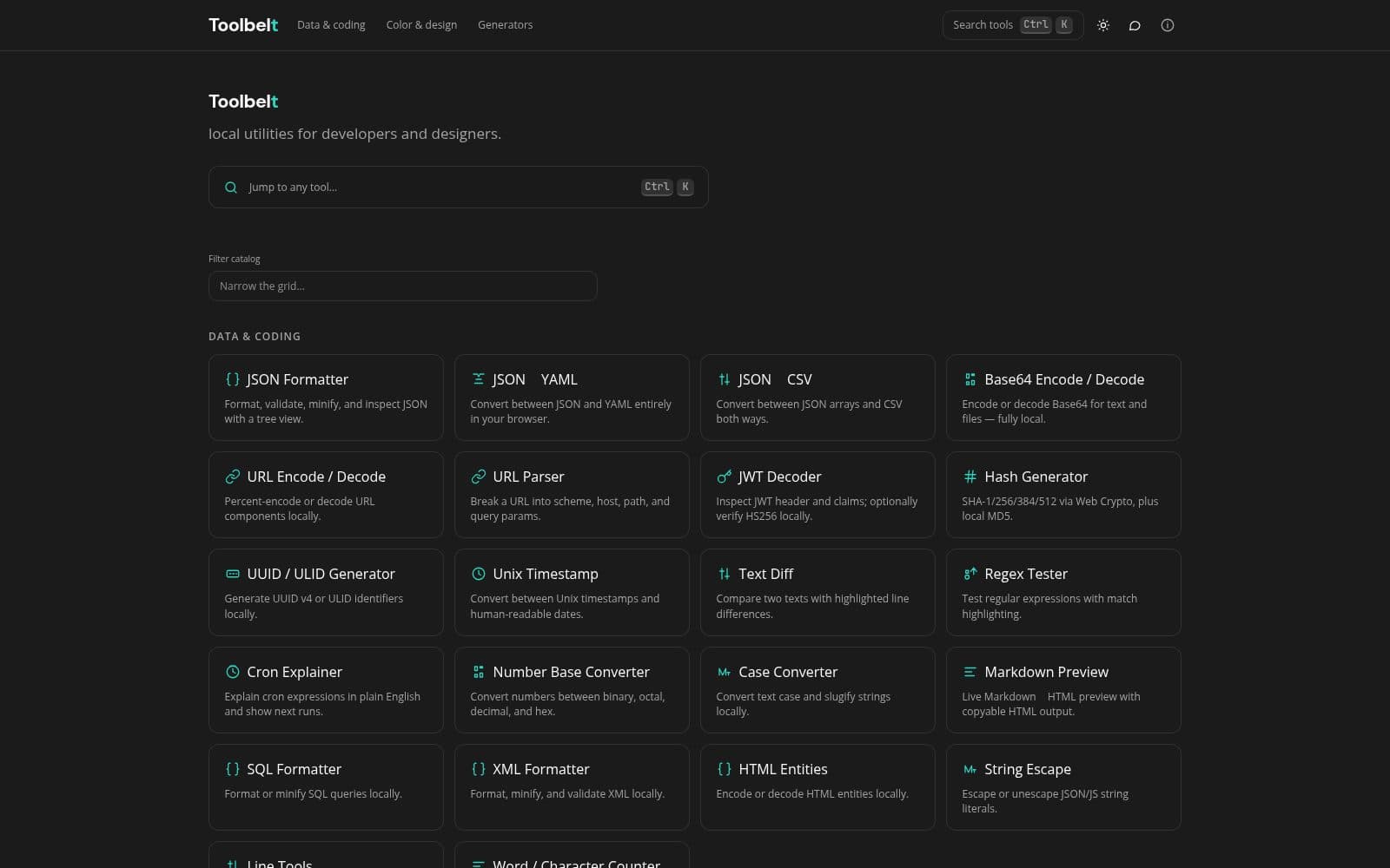 Skärmdump av Toolbelt — local utilities for developers and designers