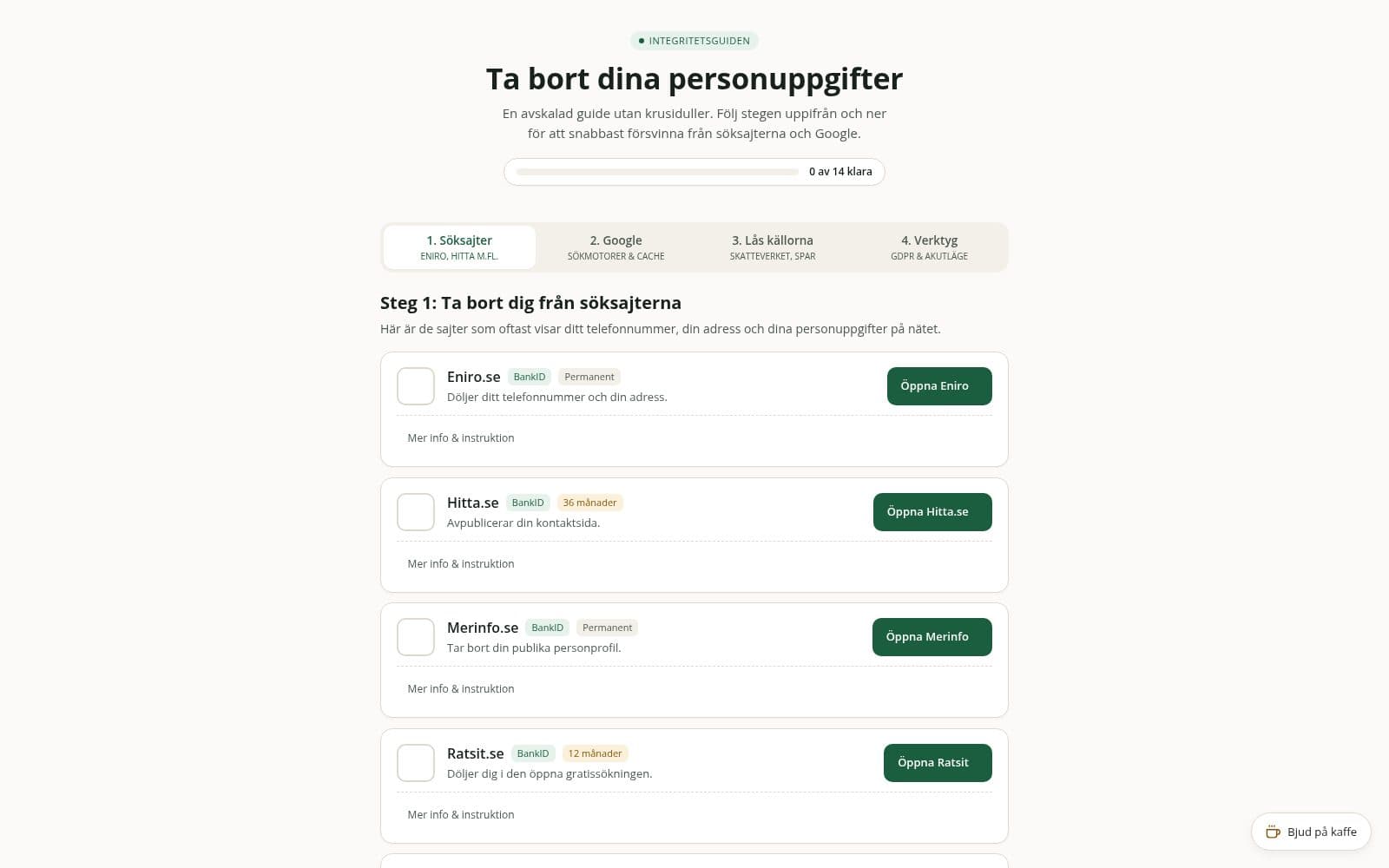 Skärmdump av Integritetsguiden — Ta bort dina personuppgifter