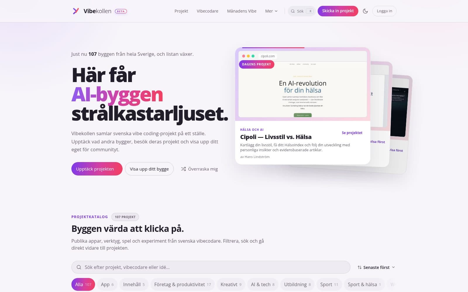 Skärmdump av Vibekollen – Sveriges skyltfönster för vibe coding