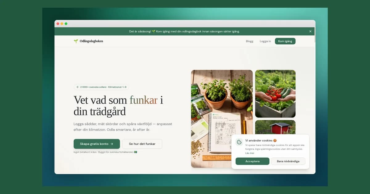 Skärmdump av Odlingsdagboken – såkalender, odlingsplan och skördelogg