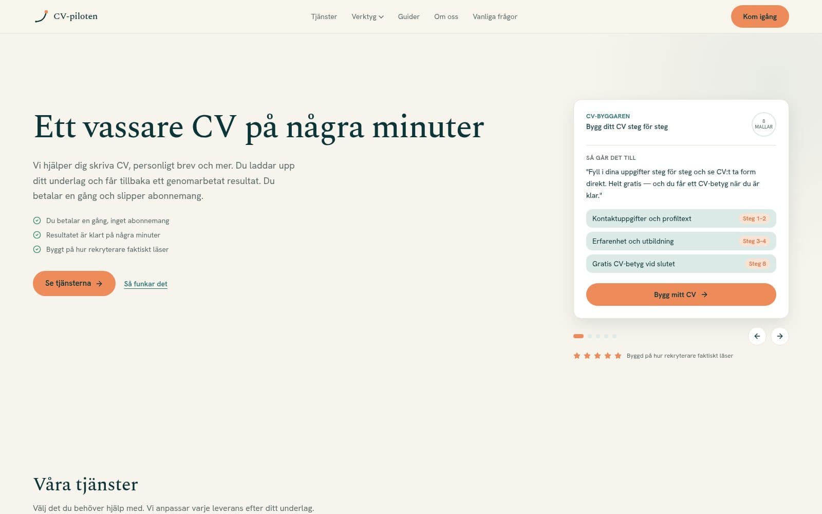 Skärmdump av AI CV-hjälp på svenska — granskning, personligt brev, intervju | CV-piloten
