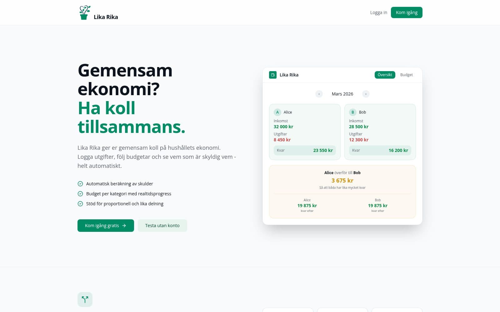 Skärmdump av Lika Rika - Gemensam ekonomi för hushållet