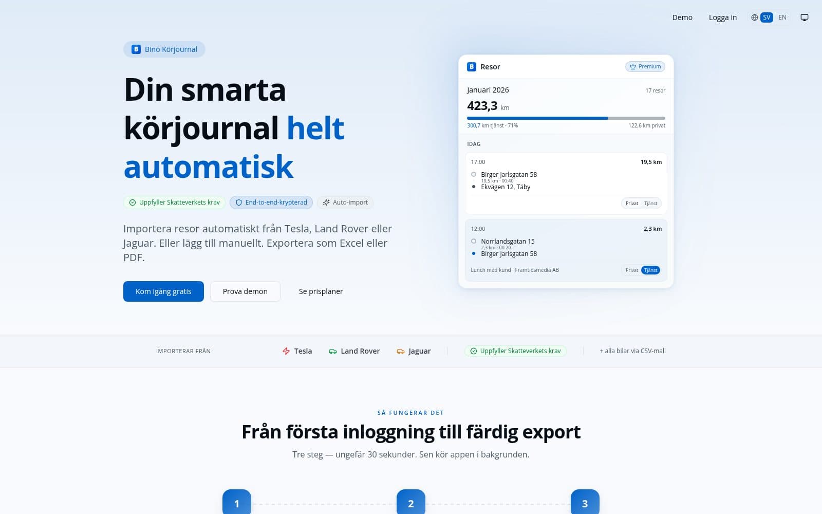 Skärmdump av Bino Körjournal