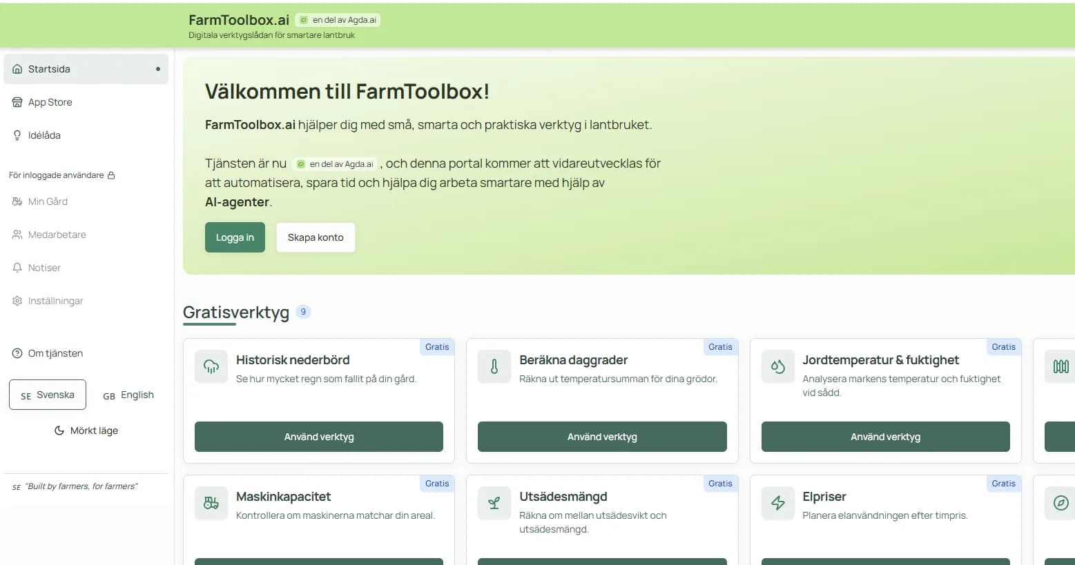 Skärmdump av FarmToolbox.ai - Din digitala verktygslåda för smartare lantbruk