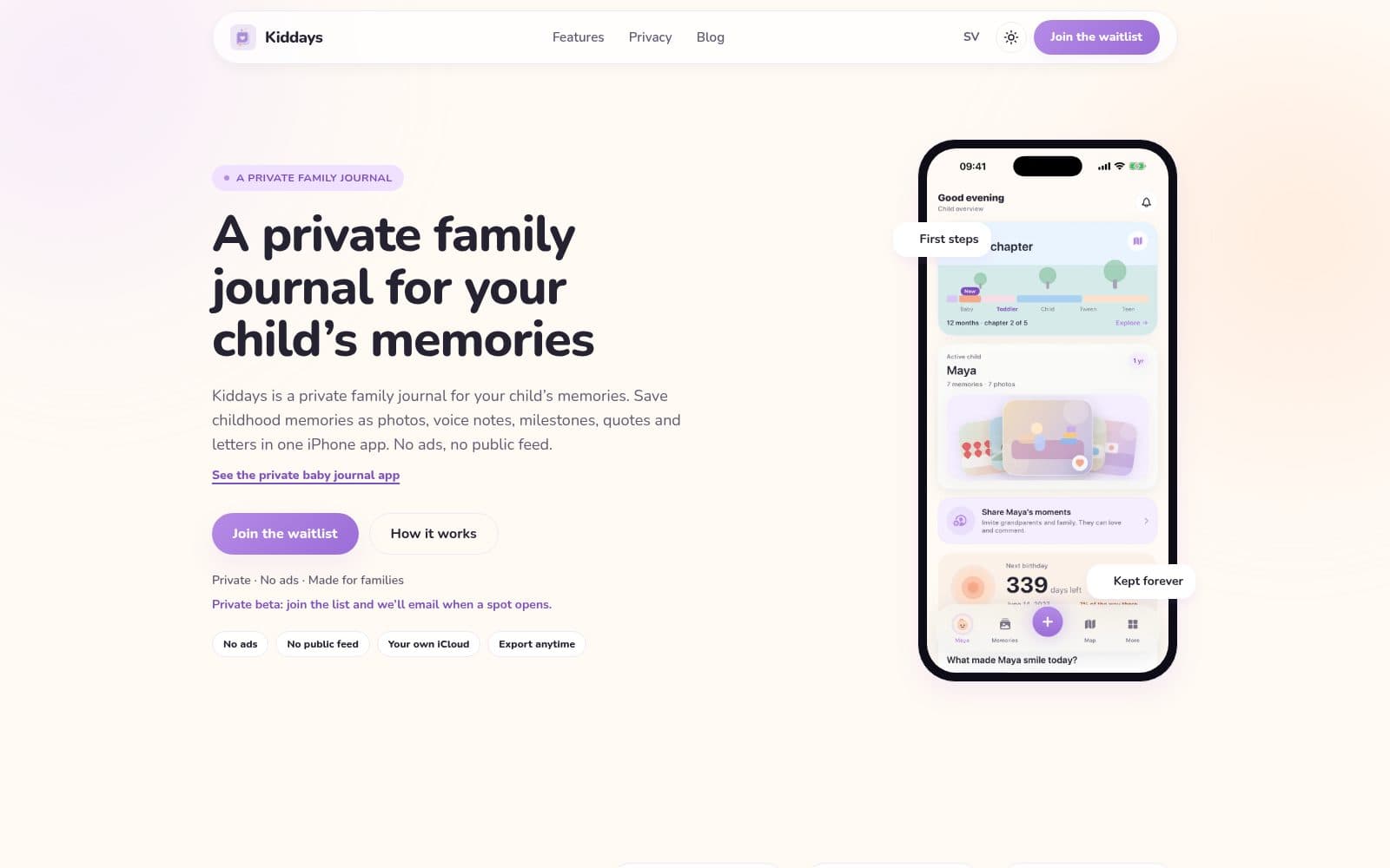 Skärmdump av Kiddays — Private family journal for childhood memories