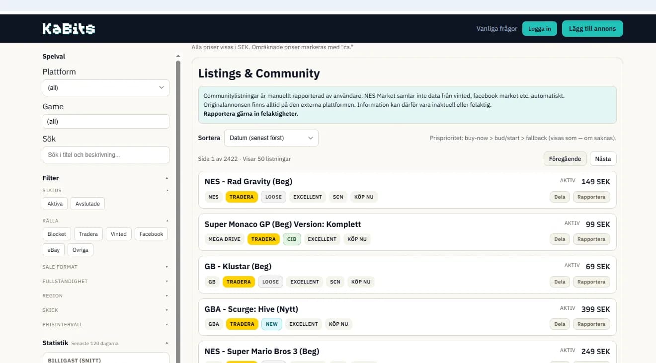 Skärmdump av Kabits – Nordisk pricecharting för retrospel