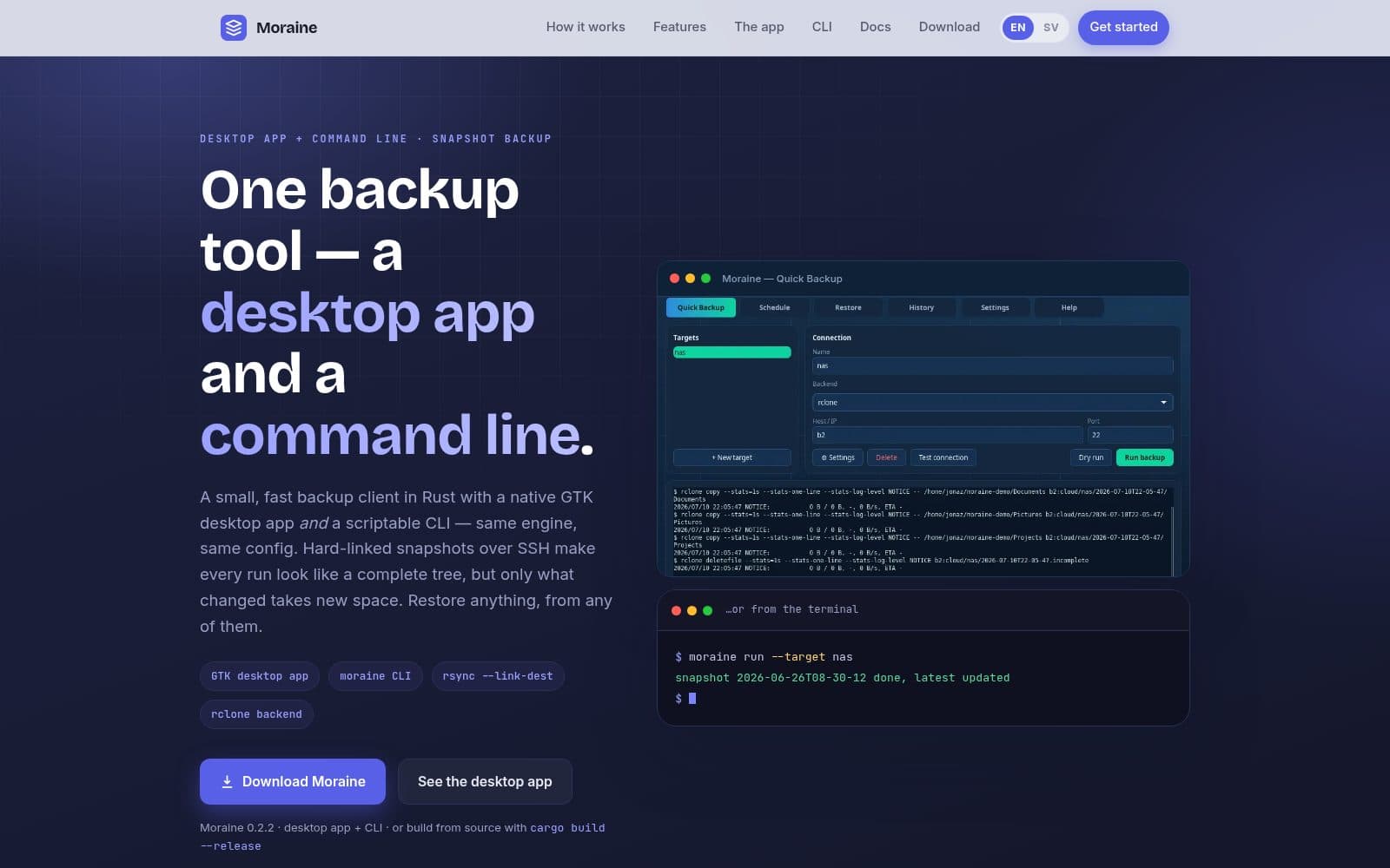 Skärmdump av Moraine — snapshot backup över SSH/rsync och rclone