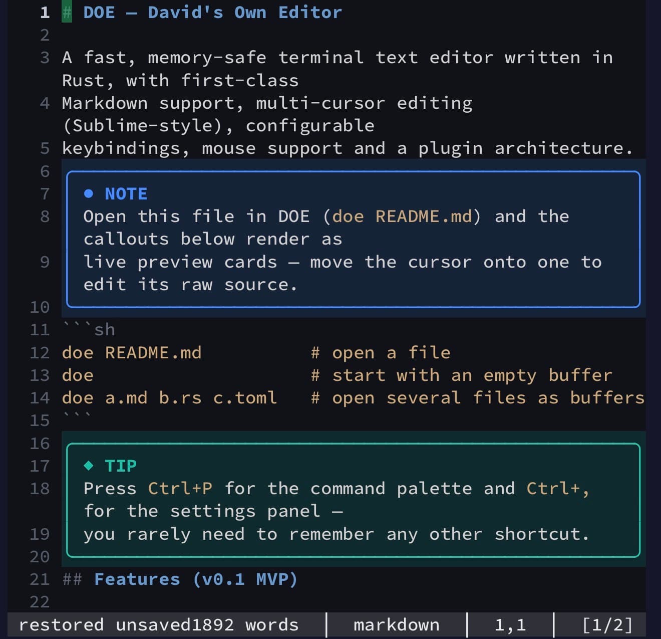 Skärmdump av DOE: fast, memory-safe terminal text editor