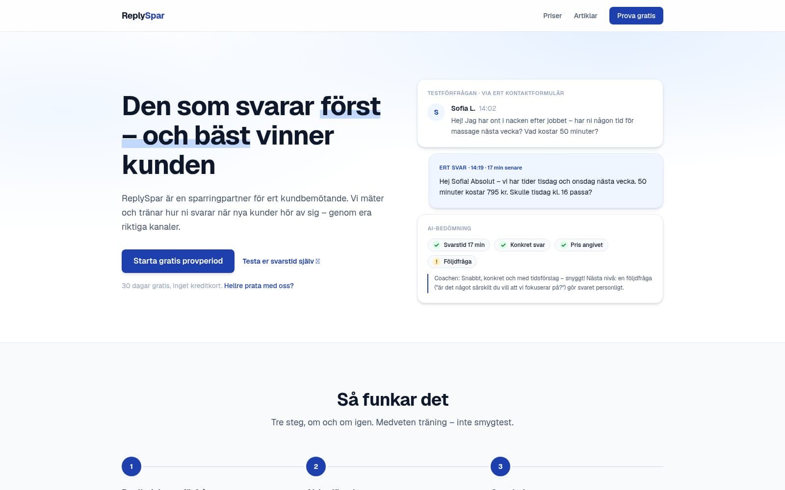 Skärmdump av ReplySpar — Sparringpartner för ert kundbemötande
