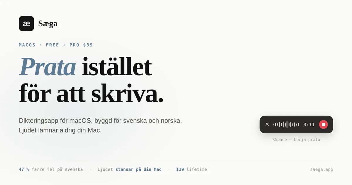 Skärmdump av Sæga — Prata istället för att skriva.