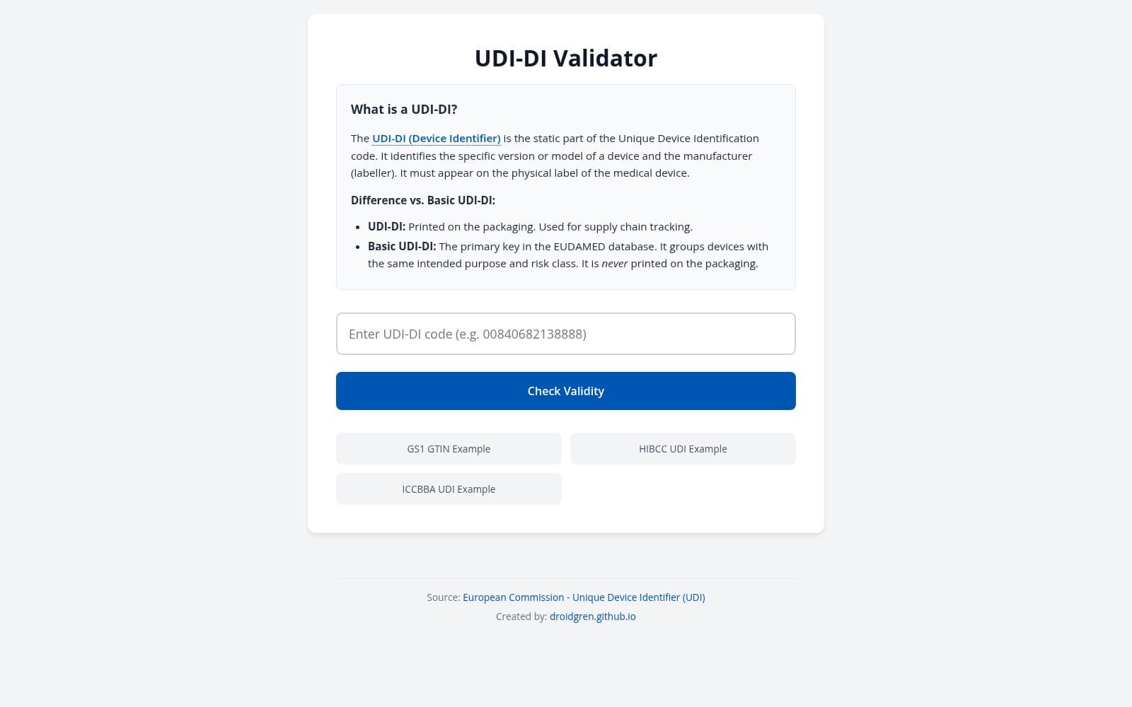 Skärmdump av UDI-DI Validator