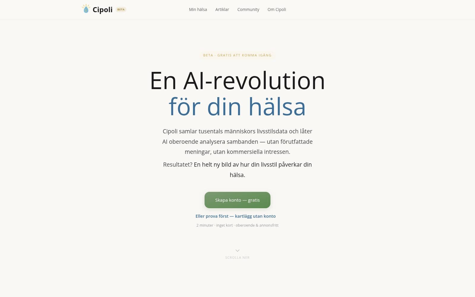 Skärmdump av Cipoli — Livsstil vs. Hälsa