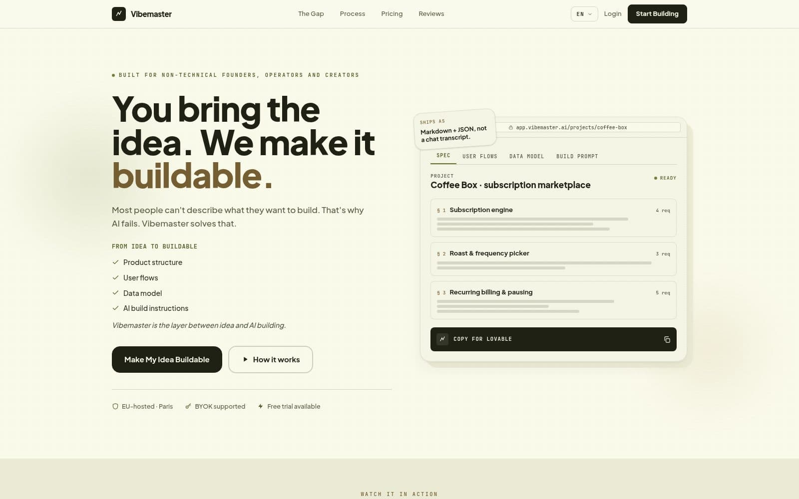 Skärmdump av Vibemaster — Turn your idea into a spec AI can build