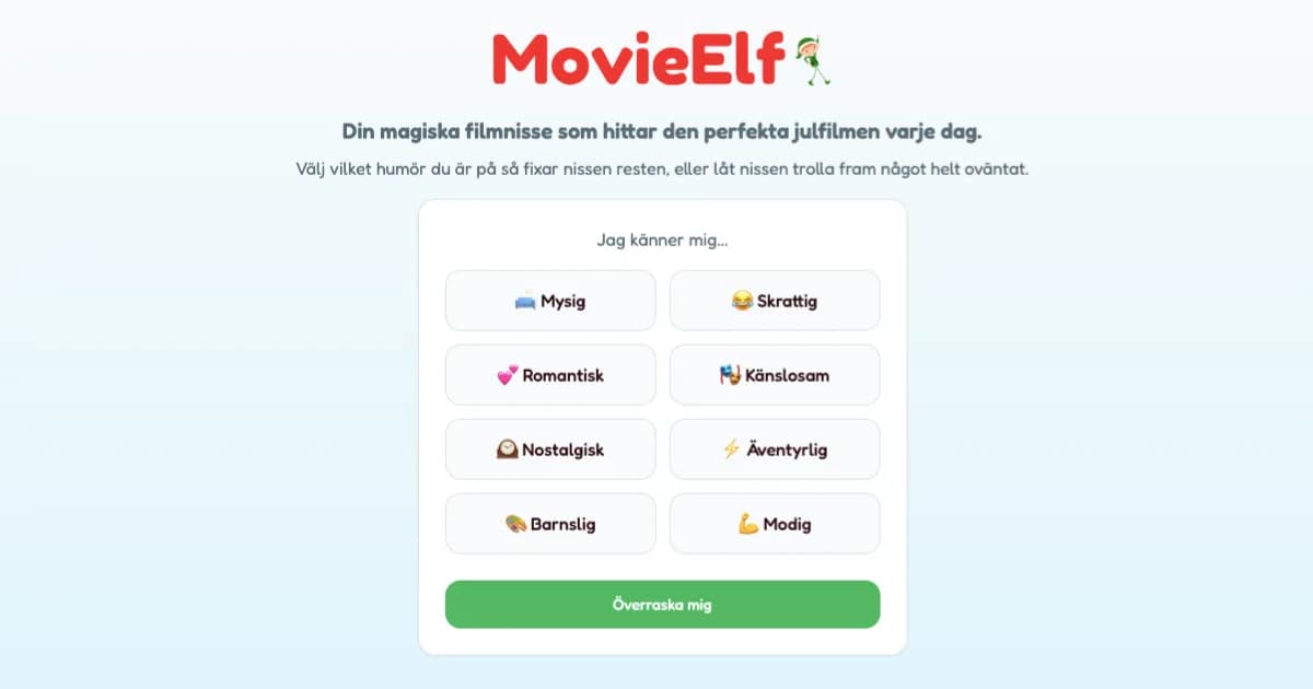Skärmdump av MovieElf · Hitta den perfekta julfilmen efter ditt humör
