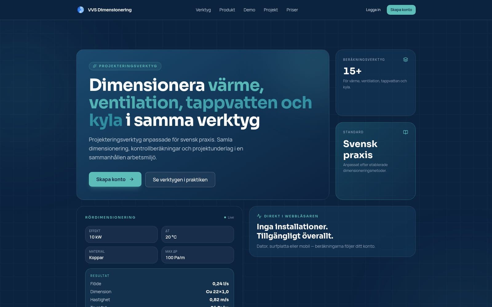 Skärmdump av VVS Dimensionering – beräkna värme, ventilation & tappvatten