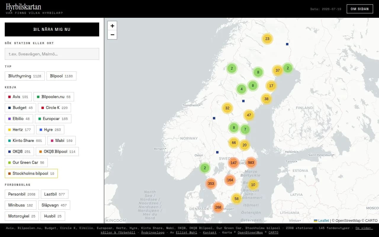 Skärmdump av Hyrbilskartan – var finns vilka hyrbilar?