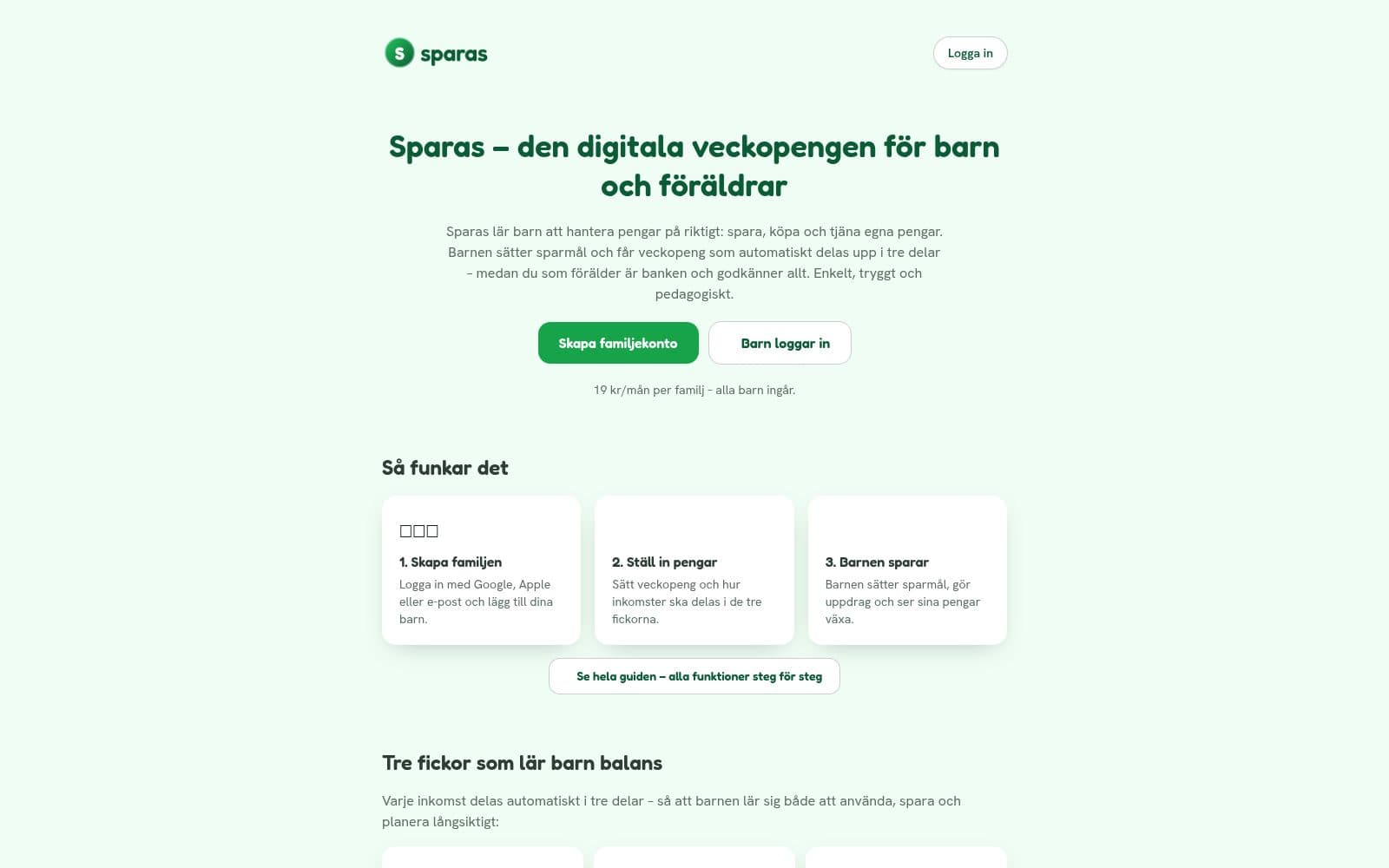 Skärmdump av Sparas – digital veckopeng för barn och föräldrar