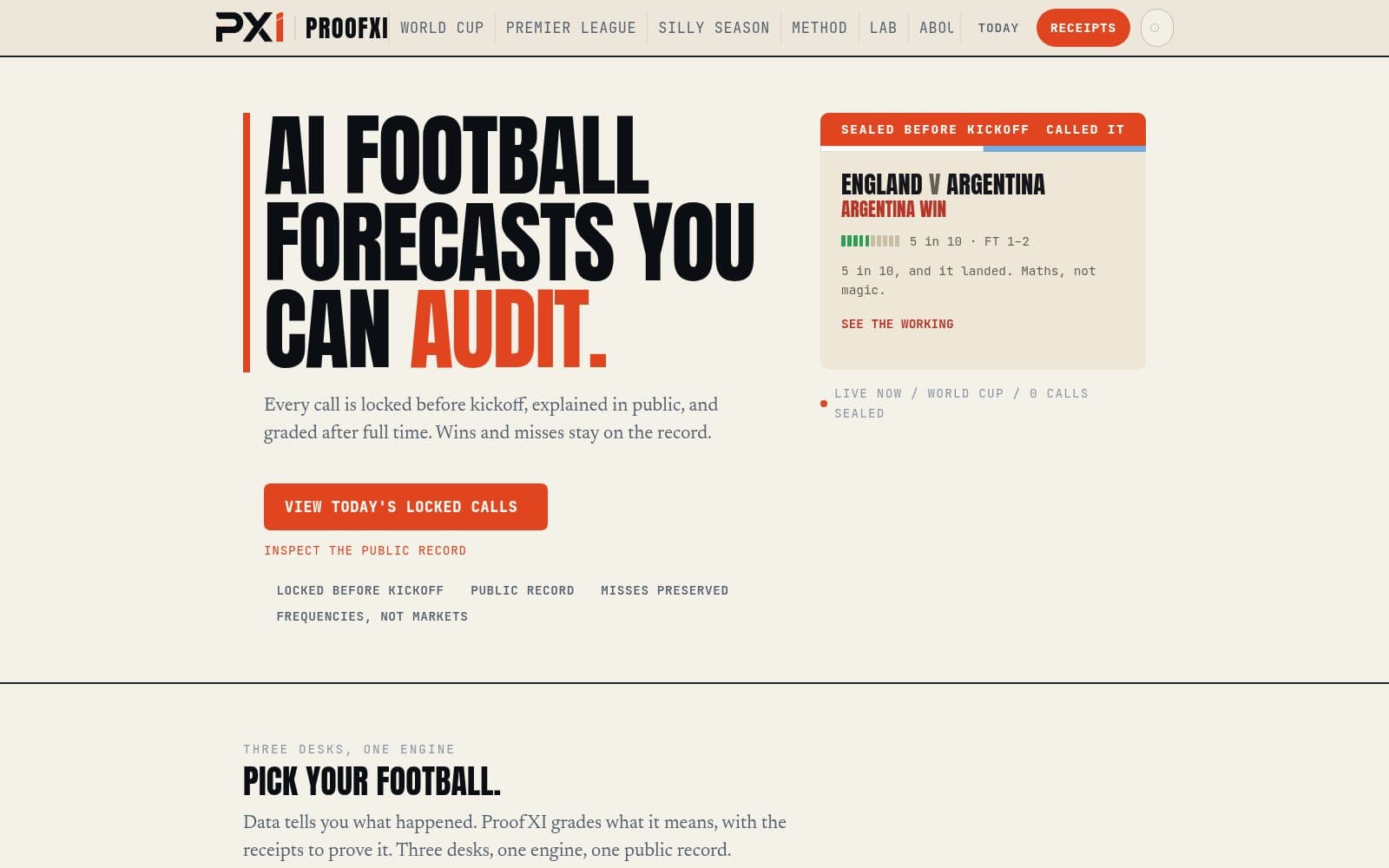 Skärmdump av ProofXI · Transparent AI football forecasts