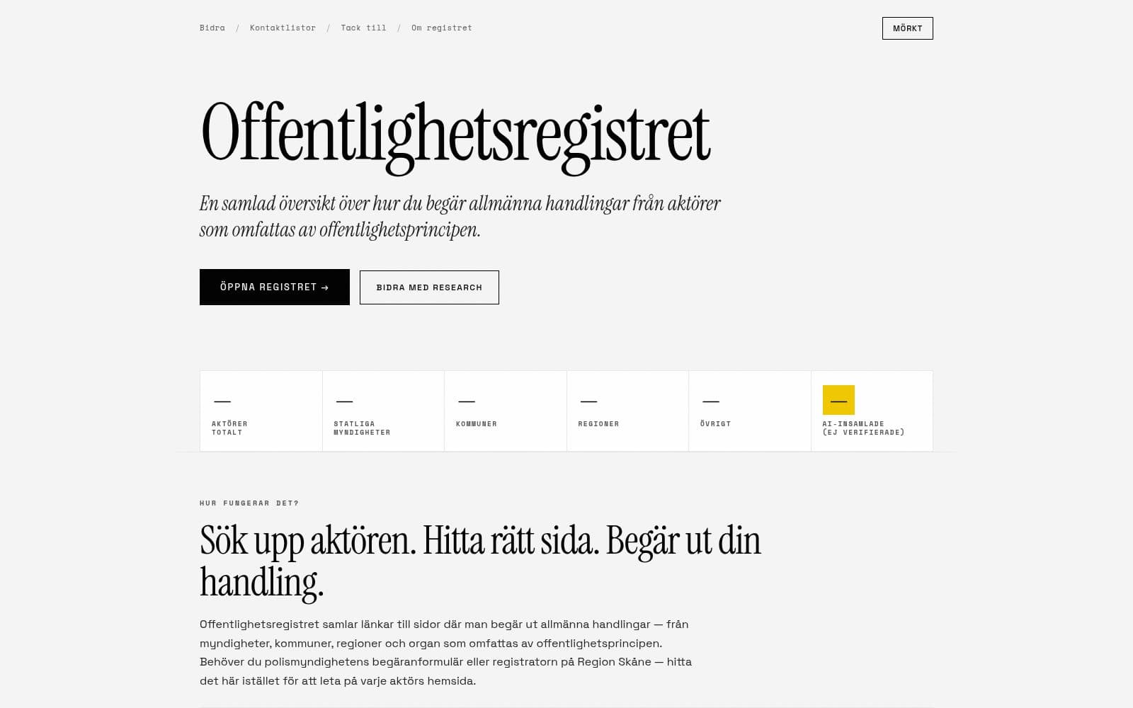 Skärmdump av Offentlighetsregistret — begär ut allmänna handlingar enkelt