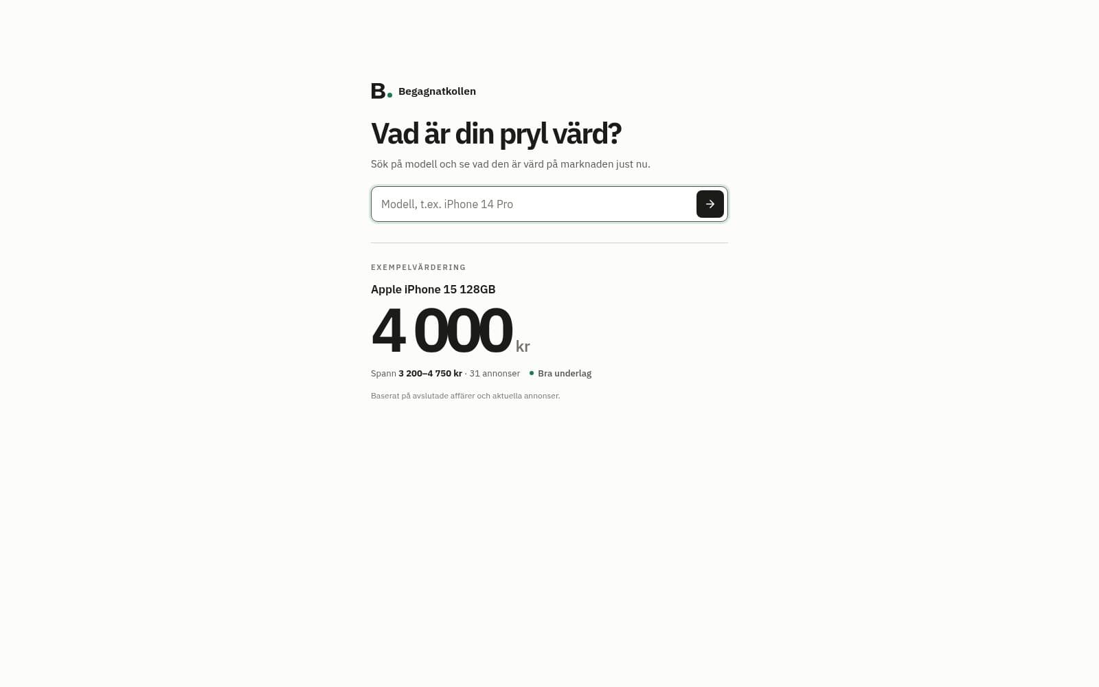 Skärmdump av Begagnatkollen · Vad är din pryl värd?