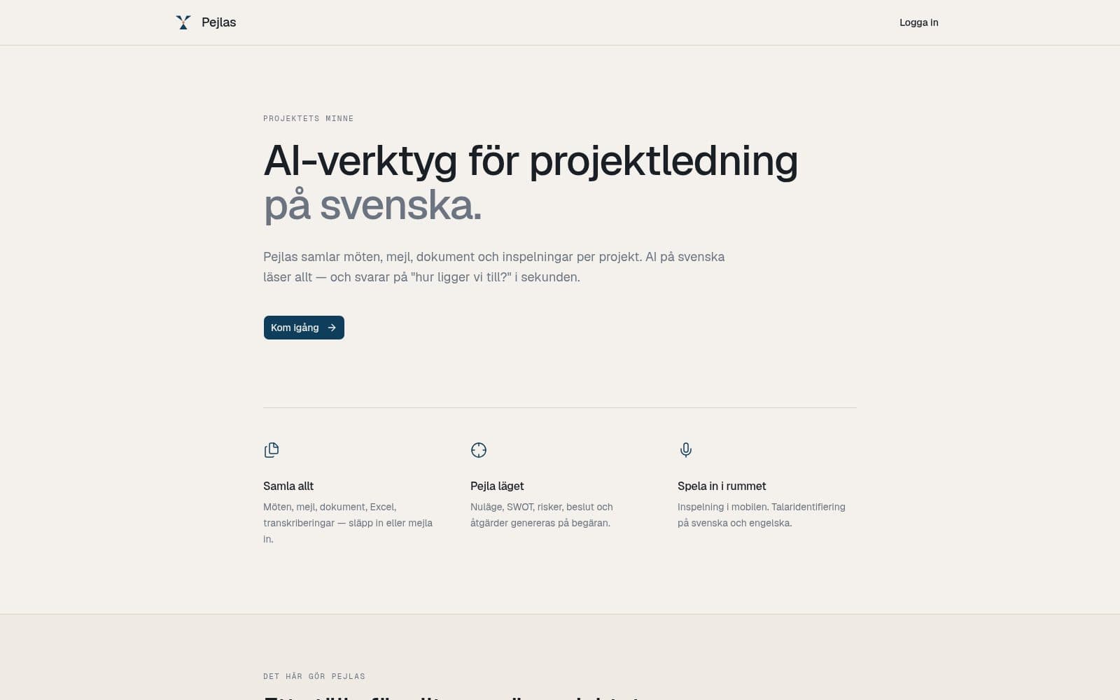 Skärmdump av Pejlas — AI-verktyg för projektledning på svenska