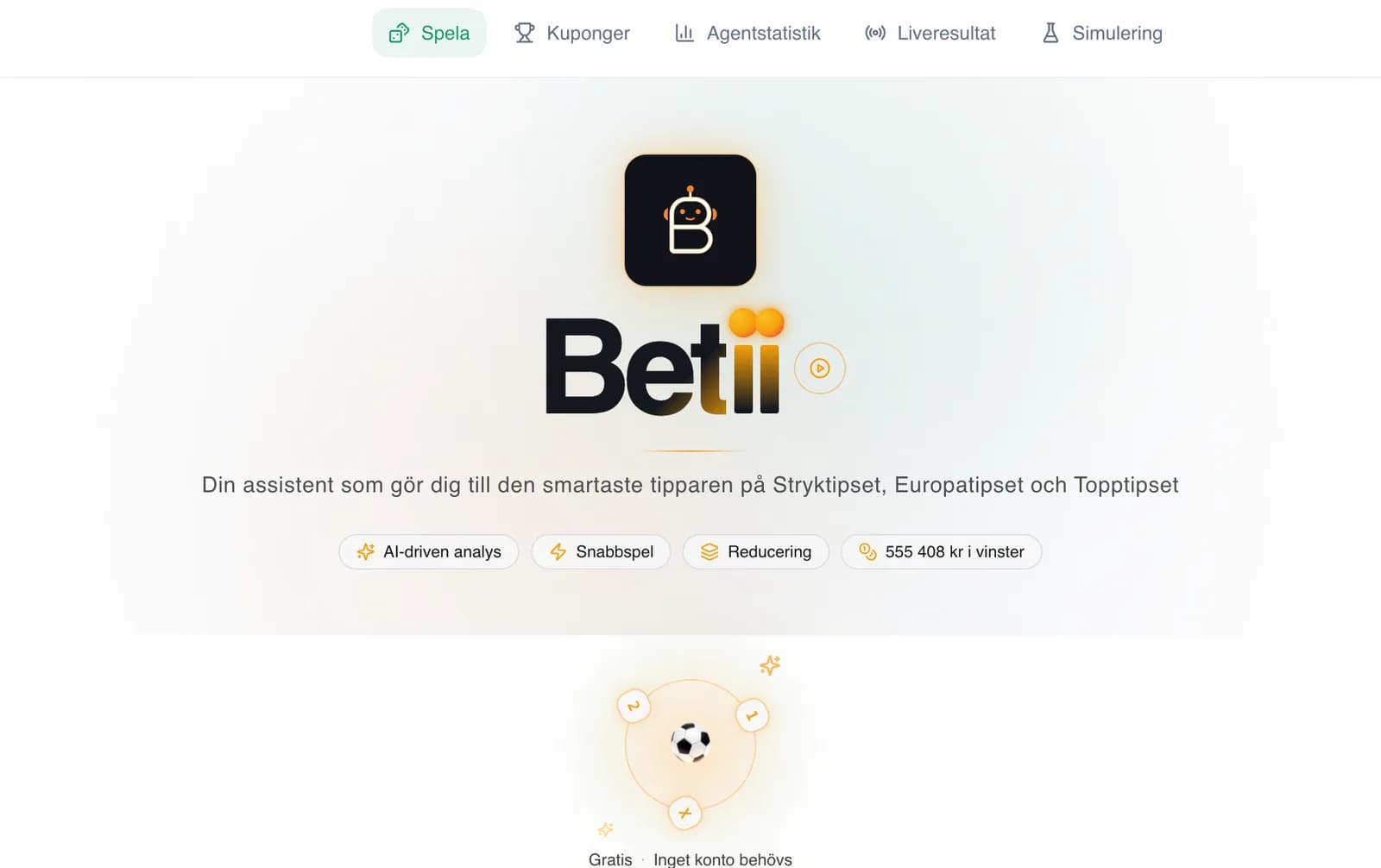 Skärmdump av Betii – AI betting för Stryktipset, Europatipset & Topptipset