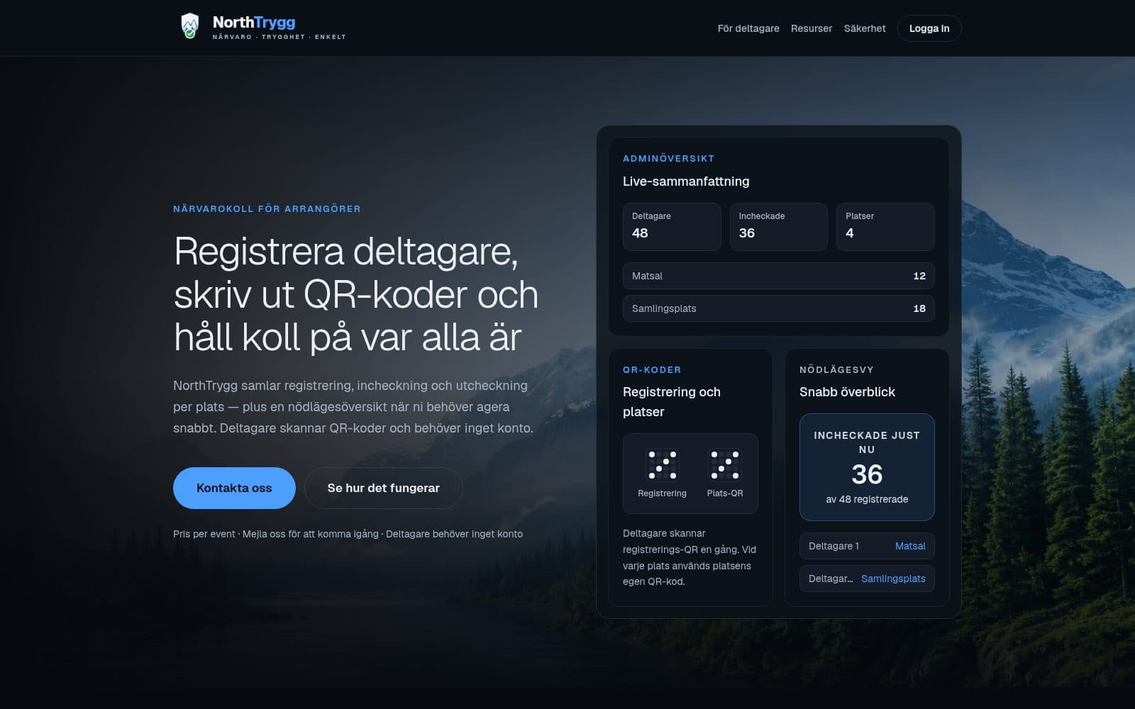 Skärmdump av NorthTrygg – QR-baserad närvarohantering för läger och föreningar