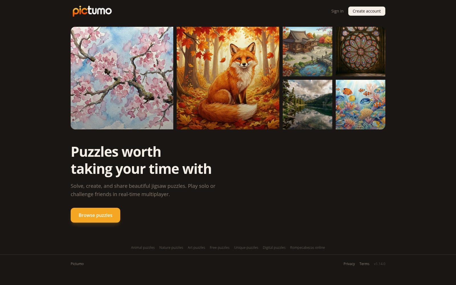 Skärmdump av Pictumo — Free Beautiful Jigsaw Puzzles Online